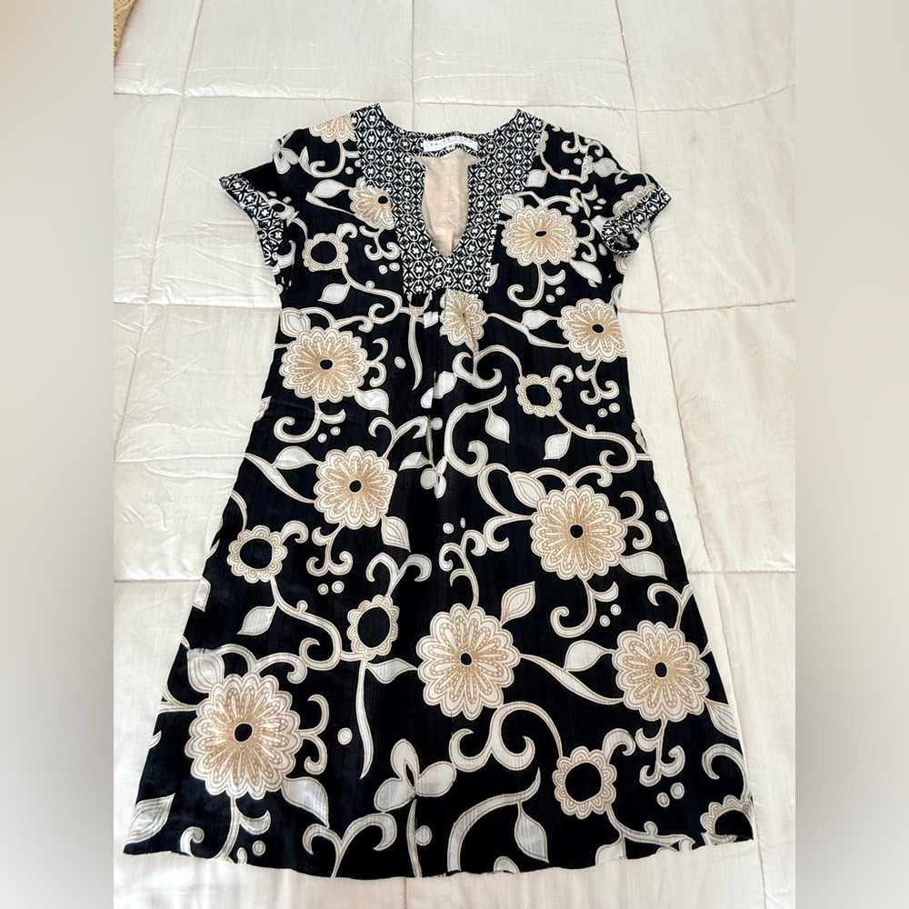 Trina Turk Silk Cotton Black Cream lightweight lined mini floral tunic dress 0